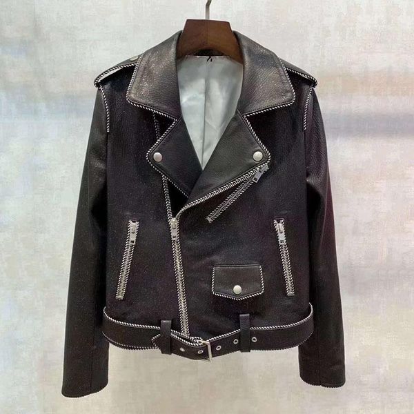 

women's leather & faux shzq brand genuine jacket soft women coat spring and autumn cow jackets splash-ink decoration slim clot, Black