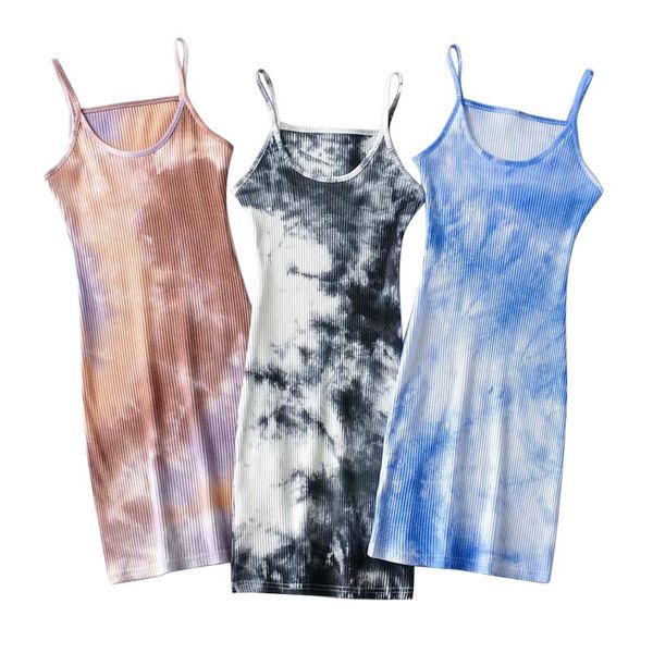 

women bodycon mini dress fashion tie dye print spaghetti strap rib knit cami casual dresses, Black;gray