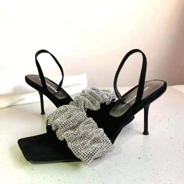 

dress shoes 2021 star style luxury rhinestones women sandals elegant stiletto high heels slingback gladiator summer party prom, Black
