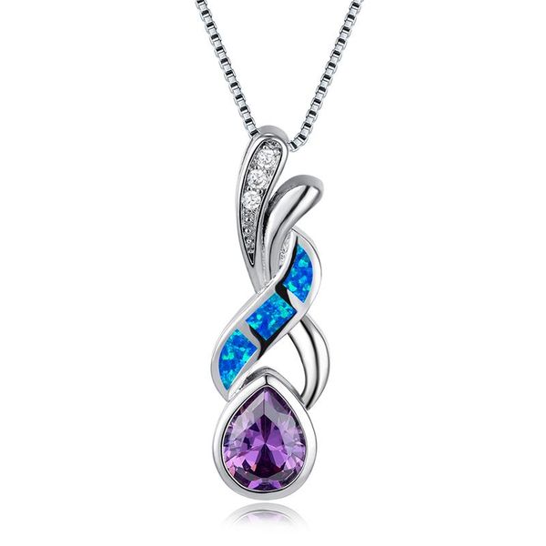 

dainty female water drop pendant necklace boho silver color zircon chain necklaces for women classic blue opal wedding