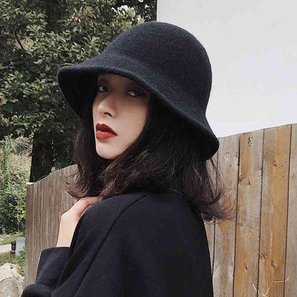 

brand caps japanese hat female autumn and winter versatile korean version tide net red wool fisherman hat wool knitted basin black, Blue;gray
