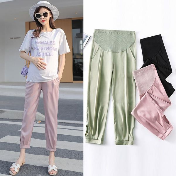 

maternity bottoms 336# summer fashion pants 9/10 length thin casual belly for pregnant women ol formal work pregnancy trousers, White