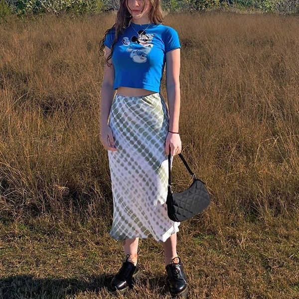 

tie dye print y2k womens skirts aesthetic frill long mid calf straight high waist skirt cute retro outfits streetwear, Black