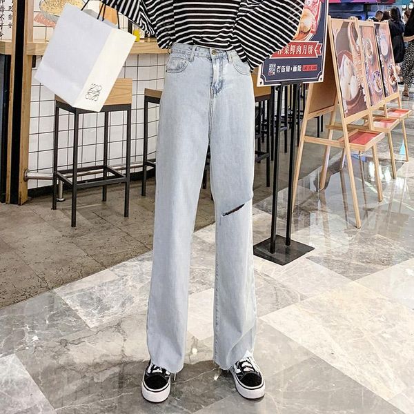 

women's jeans for women with high waist pants slim fit woman denim modis streetwear trousers broken hole washed, Blue