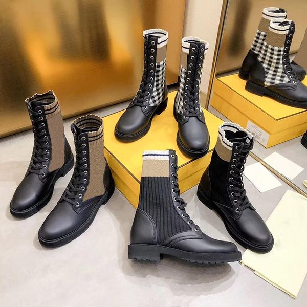 

2021 designer women boots combat ankle martin boot brand leather biker knit stretch fabric shoes winter platform mid-booties with box, Black