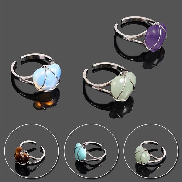 

wedding rings adjustable natural crystal heart-shape quartz stone wire winding couple exquisite personality ring, Slivery;golden