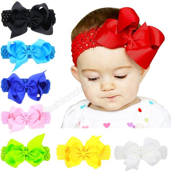 Fiocchi in nastro di grosgrain Fascia per capelli Moda fatta a mano all'uncinetto Neonate Fascia per capelli Bowknot Accessori per capelli Regali di festa 16 colori