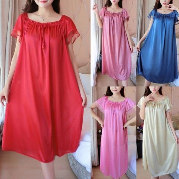 

women's sleepwear women ice silk satin nightdress short sleeve nightgown sleeping dresses plus size loose nightwear, Black;red