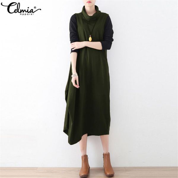 

celmia women 2021 autumn sleeveless dress fashion turtleneck midi vintage solid party robe casual loose elegant vestidos dresses, Black;gray