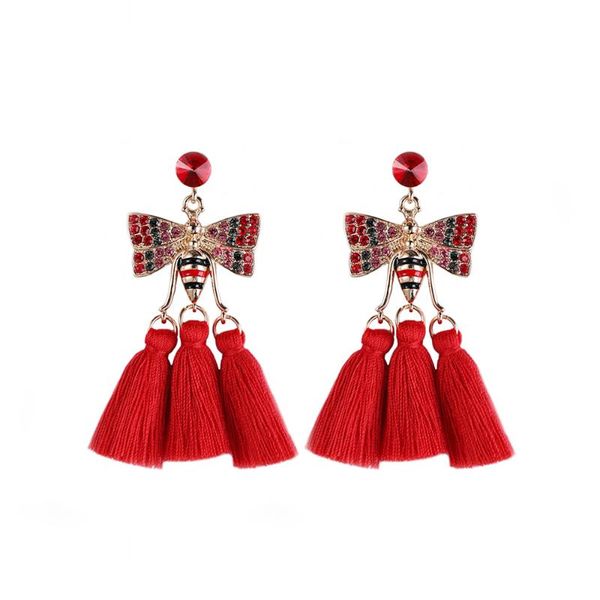 

dangle & chandelier women rhinestones bee earrings with tassel bohemia cotton thread fringe insect crystal statement jewelry, Silver