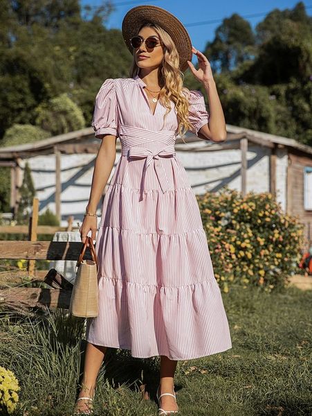 

vertical striped puff sleeve criss cross tie front smock dress she, Black;gray