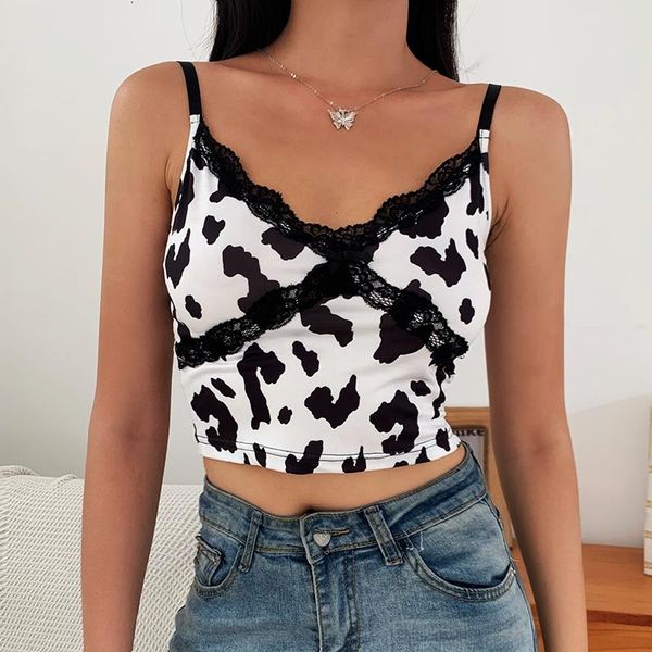 

women's tanks & camis patchwork lace edge cow print cute crop women sleeveless party clubwear v neck streetwear tank harajuku, White