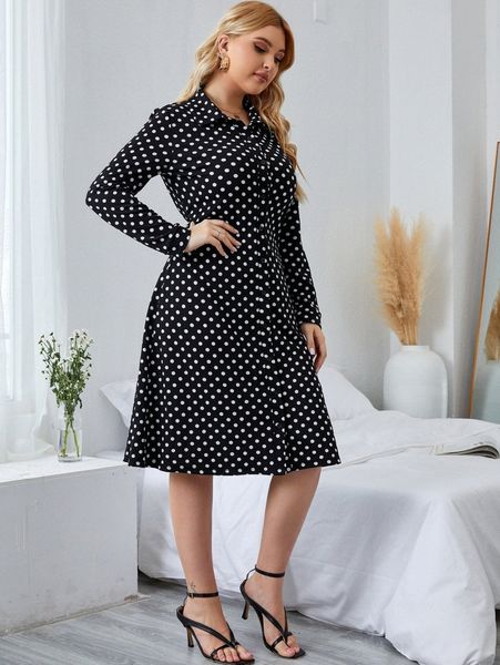 

plus polka dot print shirt dress x6ya#, Black