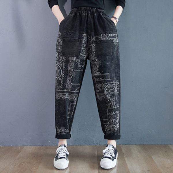 

jean autumn winter arts style women elastic waist loose vintage print jeans double pocket cotton denim harem pants big size m673 n6ri, Blue