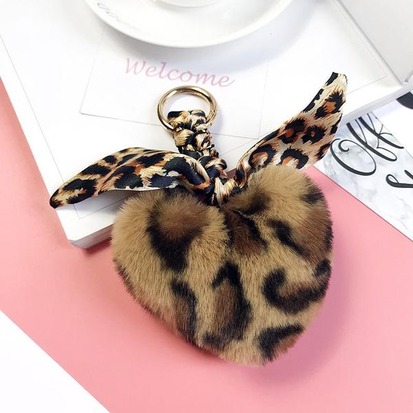 

keychains faux fur ball key chain pompom leopard plush heart keychain pom round trinket car bag pendant ring gift, Silver