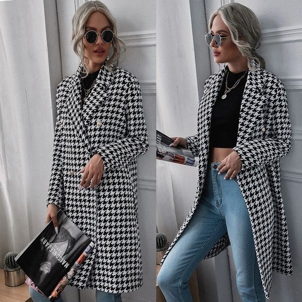 

autumn and winter 2022 medium long chiffon pattern printed coat leisure double breasted coat, Black;red