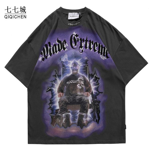 

mens oversized t-shirt electric shock man letter print hip hop streetwear summer short sleeve harajuku cotton tees, White;black