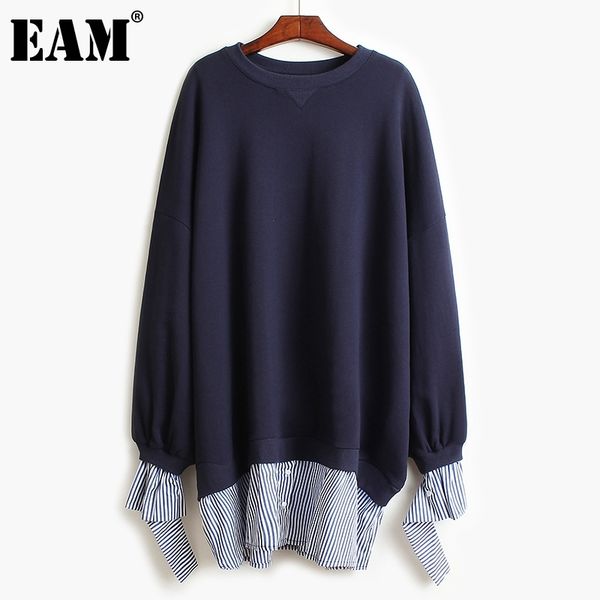 

[eam] women blue fake two pleated striped dress round neck long sleeve loose fit fashion spring autumn 1dd8220 210512, Black;gray