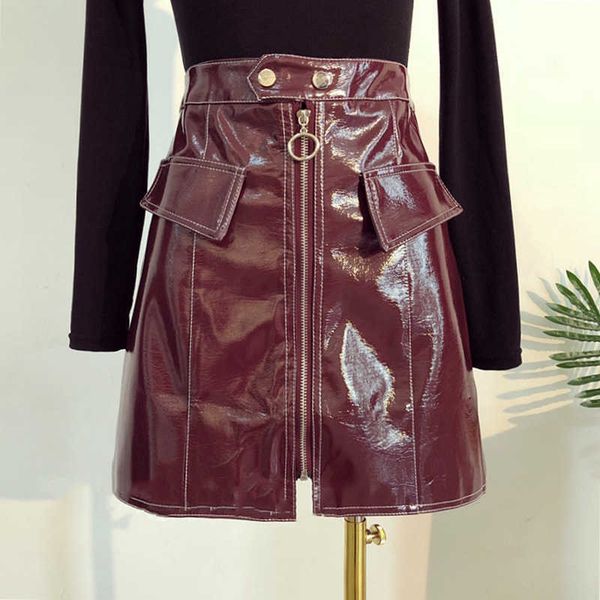 

autumn package leather skirt female spring high waist pu zipper women streetwear mini 210531, Black