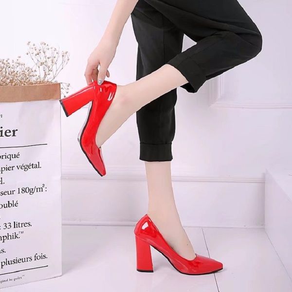 

sandals pointed toe 9cm women's single shoes autumn fashion mid-high heels thick heel working mother pumps, Black