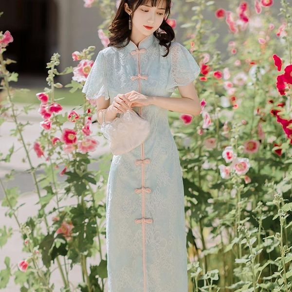 

summer women's chinese style clothing modified version of cheongsam small fresh and sweet lace dress ethnic, Red