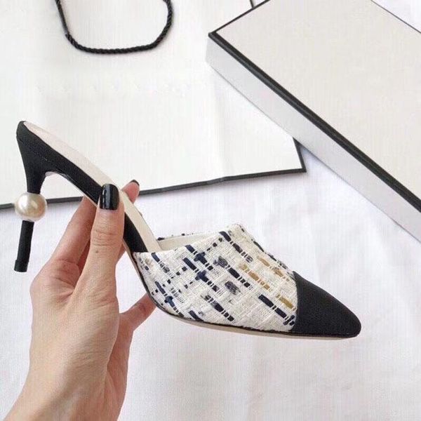 

slippers brand women mules sandals leather design heel woman pearl heels luxury designer mule slide slipper shoes, Black