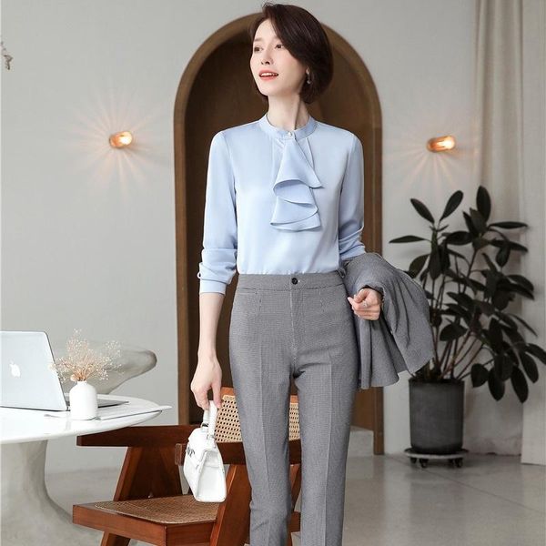 

women's two piece pants spring fall women blouse and plaid sets 2 pieces ol styles fashion casual shirring shirt formal professional su, White