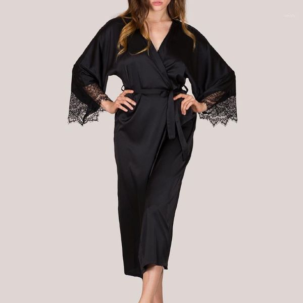 Kadın Pijama Dantel Cornes Seksi Saten Katı Homewear Kadınlar Siyah Kimono Robe De Nuit Femme Iç Çingene Kemer Pijama Gecelikle