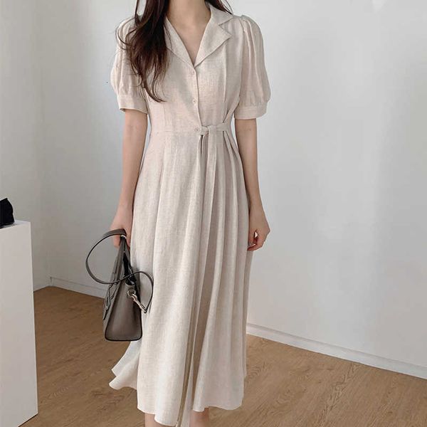 

two piece dress korean notched summer party women puff sleeve casual elegant long midi loose a-line cotton linen vintage z507 o3cb, White