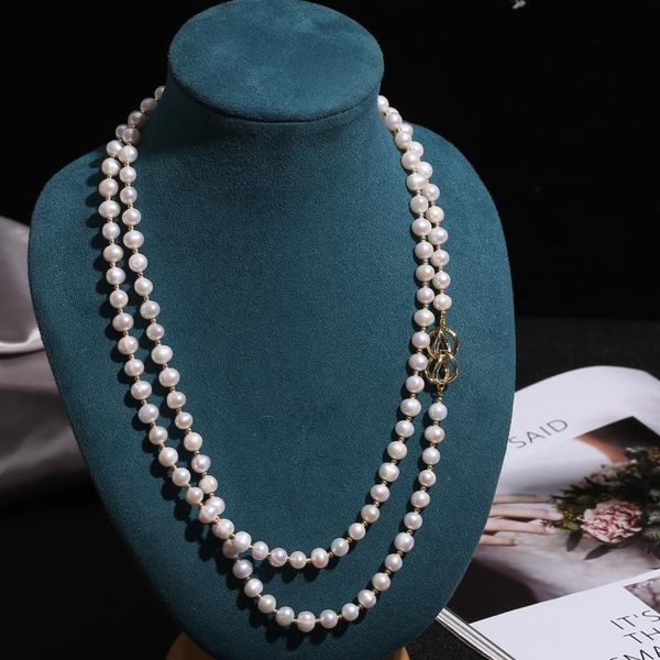 

chains freshwater near round pearl 14k gold-covered sweater chain, long necklace, double-layer size, versatile, and one more wear, Silver