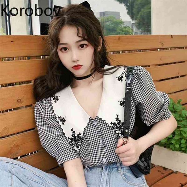 

korobov summer new sweet plaid blouses vintage peter pan collar flower embroidery shirts puff short sleeve korean blusas mujer 210430, White
