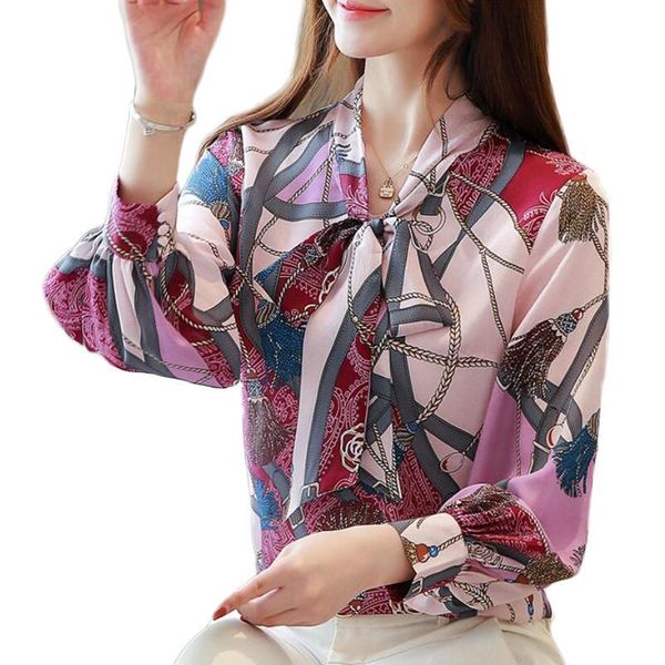 

fashion printed chiffon blouse women long sleeve v-neck bow shirts korean office plus size shirt camisas mujer women's blouses &, White
