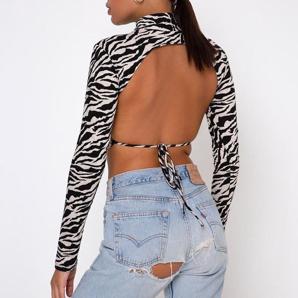 

imcute backless lace up t-shirt women zebra stripe long sleeve fashion slim fit round collar crop lady women's, White