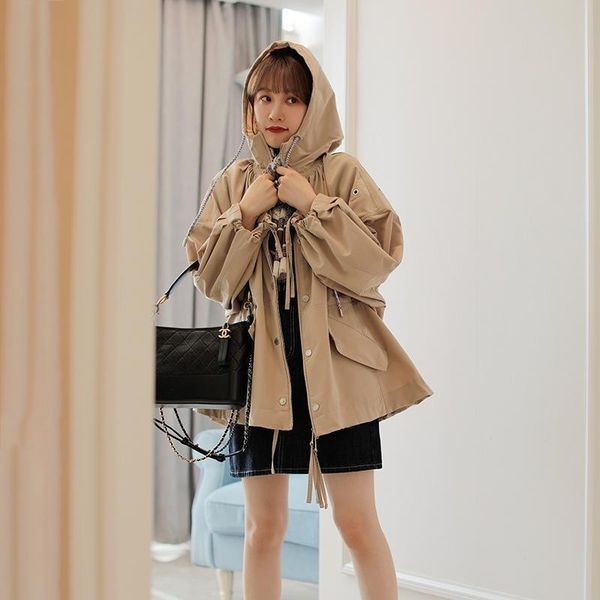 

women's trench coats in stock] hooded windbreaker korean version loose 2021 autumn leisure medium length small coat, Tan;black