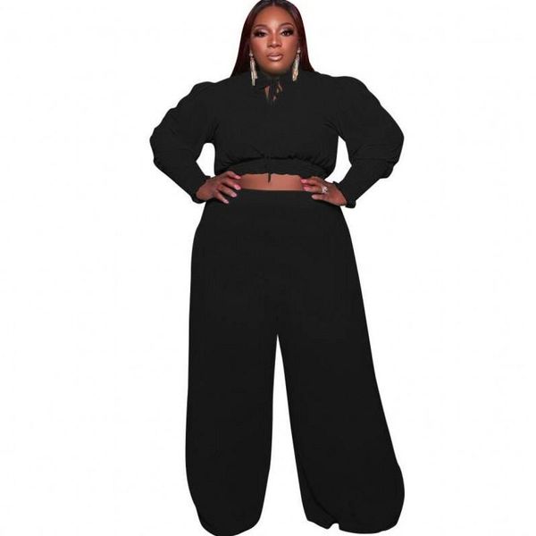 

plus size tracksuits 5xl tracksuit women set crop and wide leg pant suits autumn fashion solid casual large two piece 2021, Black