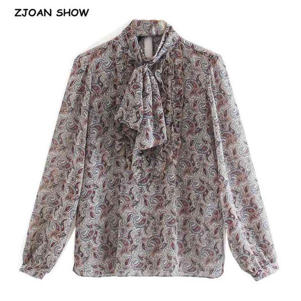 Zarif Kravat Yay Yaka Paisley Çiçek Baskı Şifon Gömlek Retro Kadın Gevşek Uzun Kollu Bluz Tatlı Tops Blousas 210429
