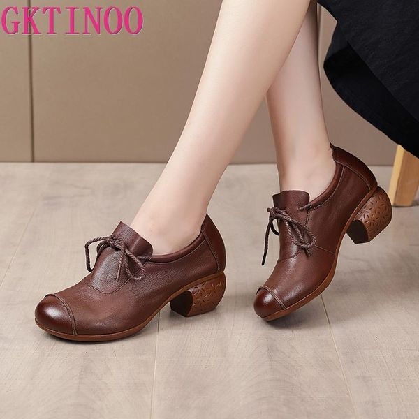 

2022 new pumps women shoes autumn retro genuine leather round toe lace-up handmade concise sewing leisure ladies shoes, Black