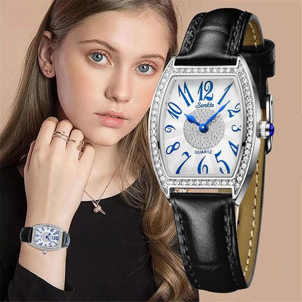 

wristwatches 2021 relogio feminino sunkta quartz diamond watch women fashion rhinestone hollow design leather strap waterproof clock, Slivery;brown