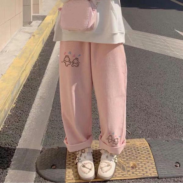 

women's pants & capris casual baggy cartoon korean fashion corduroy lolita streetwear kawaii pink high waist leg sweat trousers female, Black;white