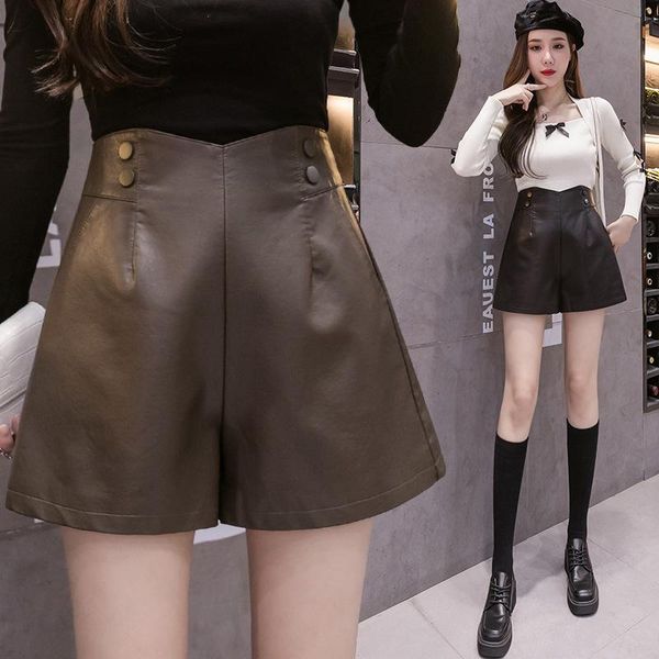 

women's shorts autumn and winter style washed leather loose thin a-line pants, high-waist casual wide-leg women pants, White;black
