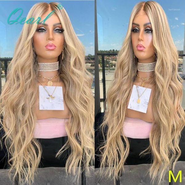 

transparent clear lace body wave front wig 13x6 human hair wigs ashy blonde brown highlights remy for women 150% qearl1, Black;brown