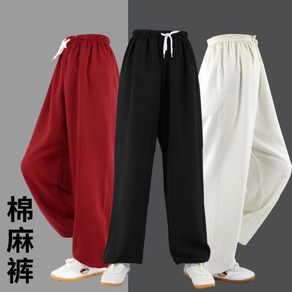 

men women yoga tai chi kungfu pant linen loose long sweatpant running joging workout meditation casual wushu trouser sportswear outfits, White;red