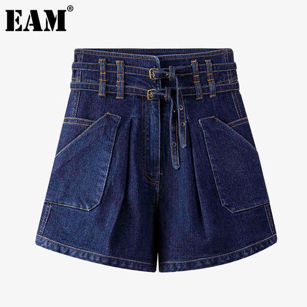 

[eam] women double belt metal button denim wide leg shorts high waist loose fit trousers fashion spring summer 1dd6941 21512, White;black