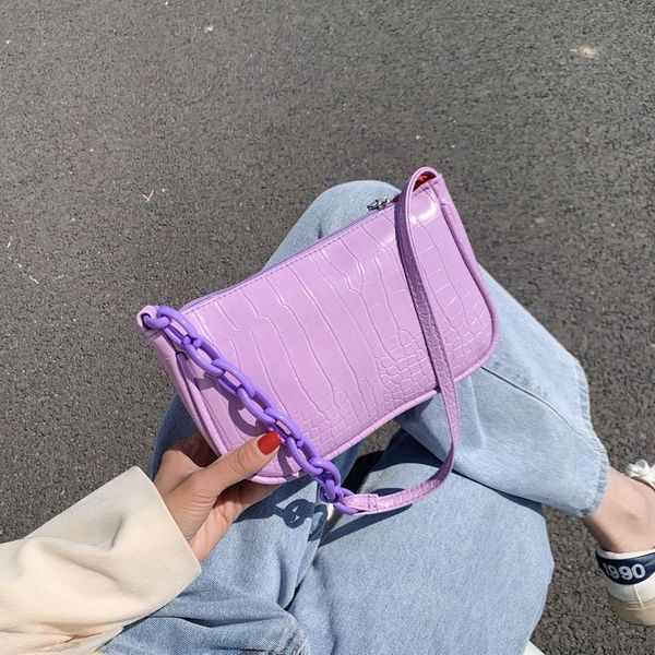 

candy color chain design small pu leather shoulder bags for women 2021 crocodile pattern handbags female hand bag evening