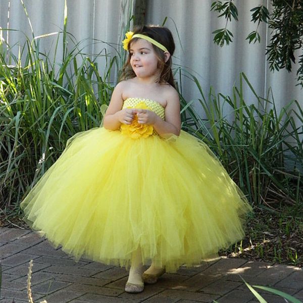 Nuove ragazze Fiori gialli Abiti lunghi dal tutu Bambini Fluffy Crochet Tulle Tutù Abito da ballo con fascia Abiti da festa per bambini Q0716