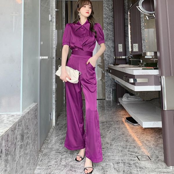 

arrival fashion korean satin women summer temperament elegant navel short shirt and wide-leg split pants two piece set women's, White