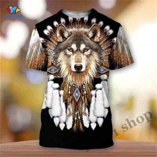 

3d print native american indian men t-shirt skull wolfs tshirt summer short sleeve harajuku shirt totem feather cosplay costume 210716, White;black