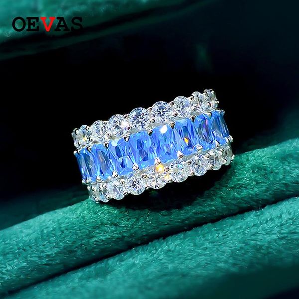 

cluster rings oevas 100% 925 sterling silver sparkling full high carbon diamond 5*3mm aquamarine engagement for women party fine jewelry, Golden;silver