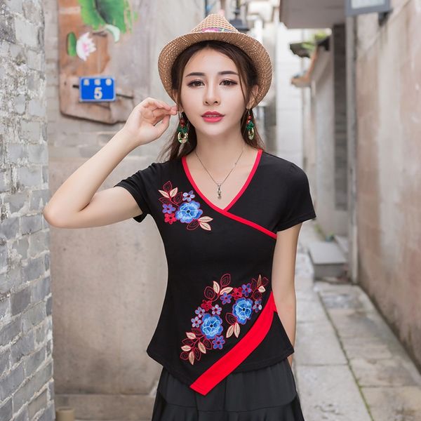 

plus size t shirt women cotton basic tshirt vintage ethnic embroidery short sleeve tea blouses 2021 ladies chinese 12309, Red
