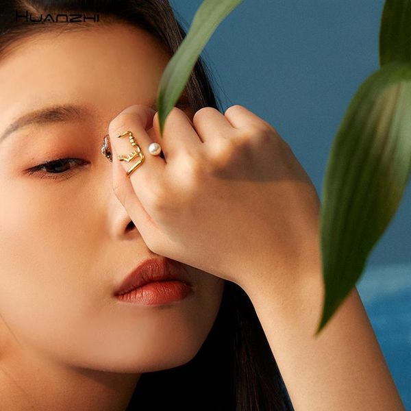 

cluster rings huanzhi 2021 human face funny gold silver metal opening simple pearl jewelry for women girl gifts, Golden;silver